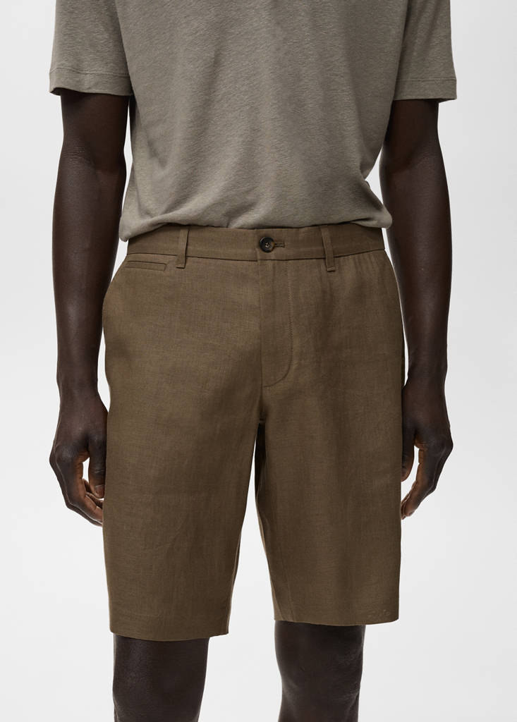 Slim-fit 100% linen bermuda shorts — Medium Green