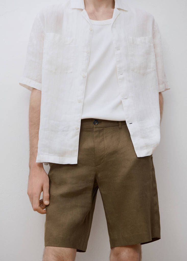 Slim-fit 100% linen bermuda shorts — Medium Green