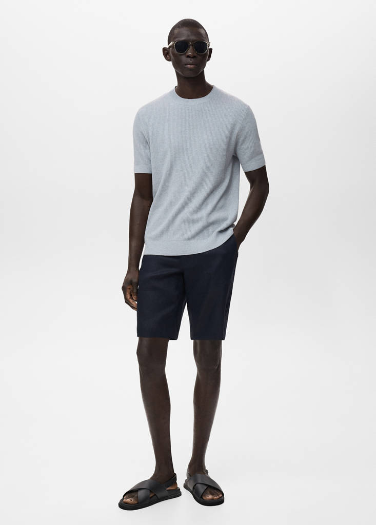 Slim-fit 100% linen bermuda shorts — Dark Navy