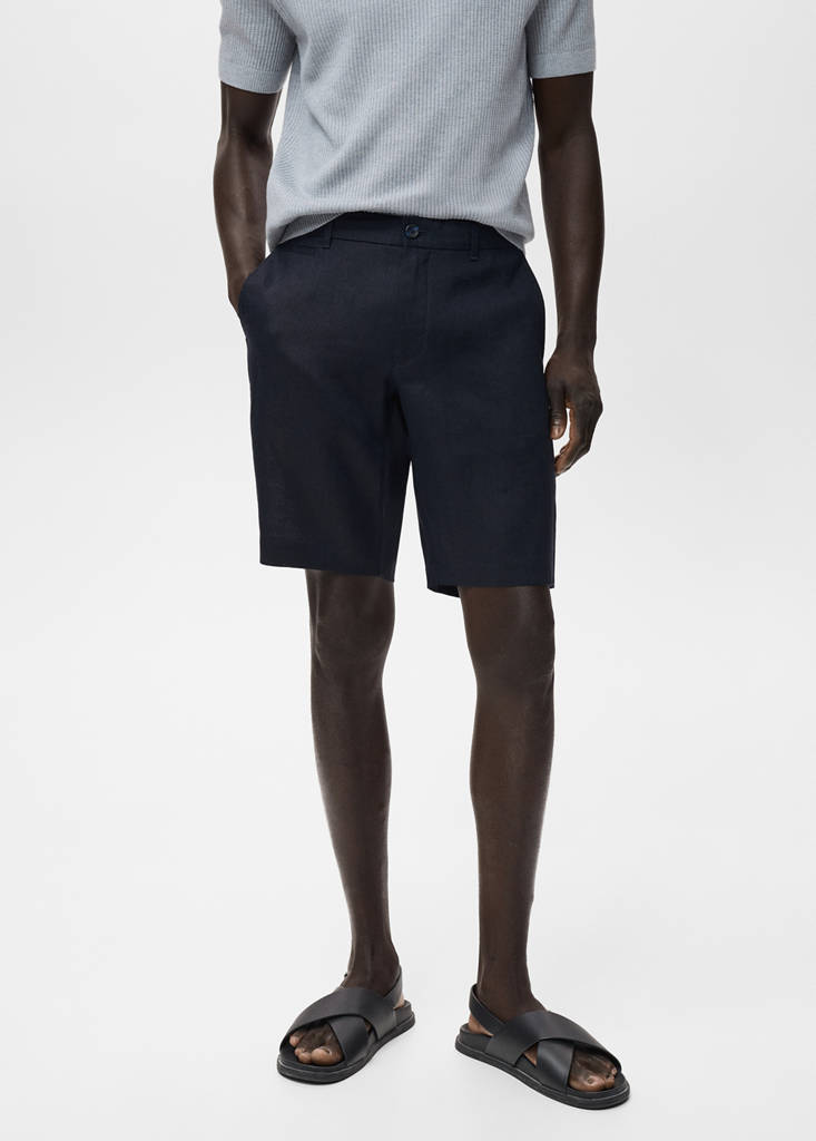 Slim-fit 100% linen bermuda shorts — Dark Navy