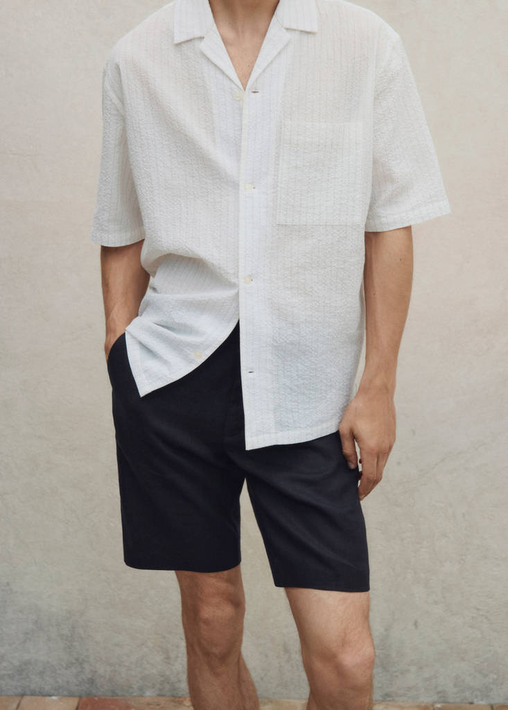 Slim-fit 100% linen bermuda shorts — Dark Navy