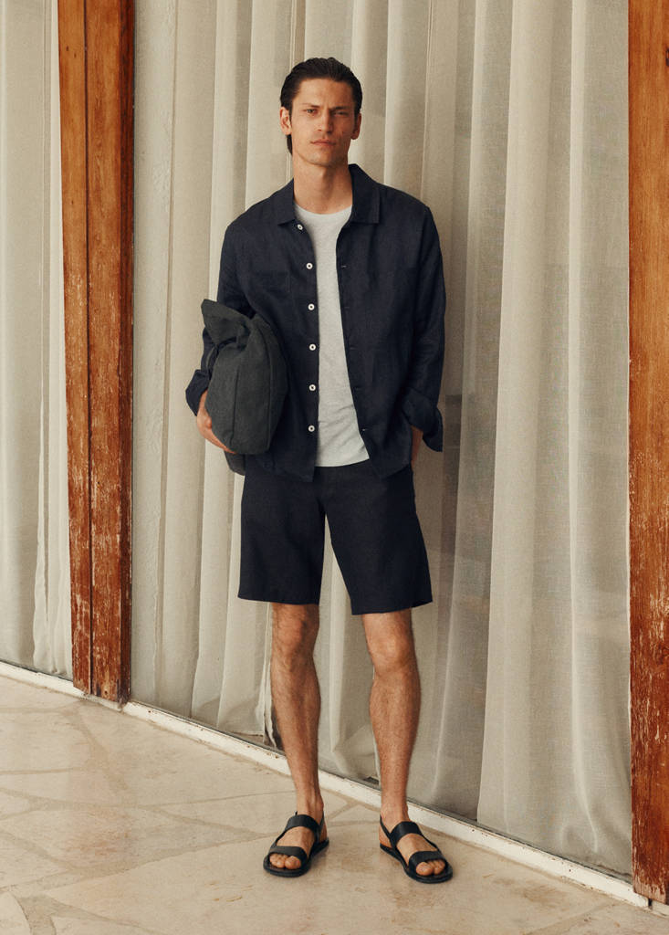 Slim-fit 100% linen bermuda shorts — Dark Navy