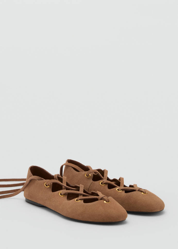 Leather ballet flats with crossed straps — Sand