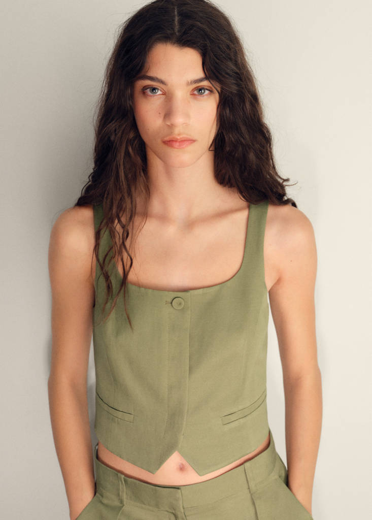 Linen-blend suit waistcoat — Khaki
