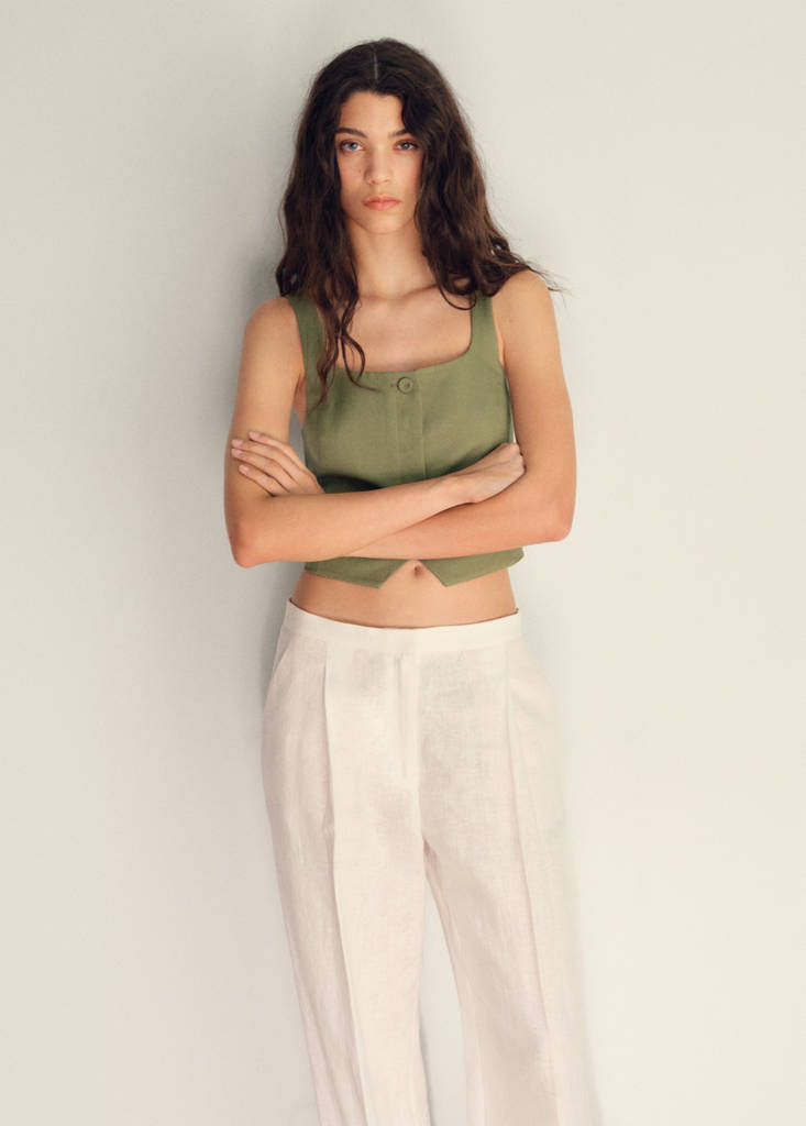 Linen-blend suit waistcoat — Khaki