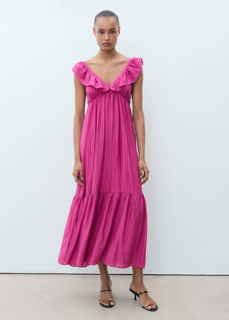 Long dress with ruffle neckline — Fuchsia