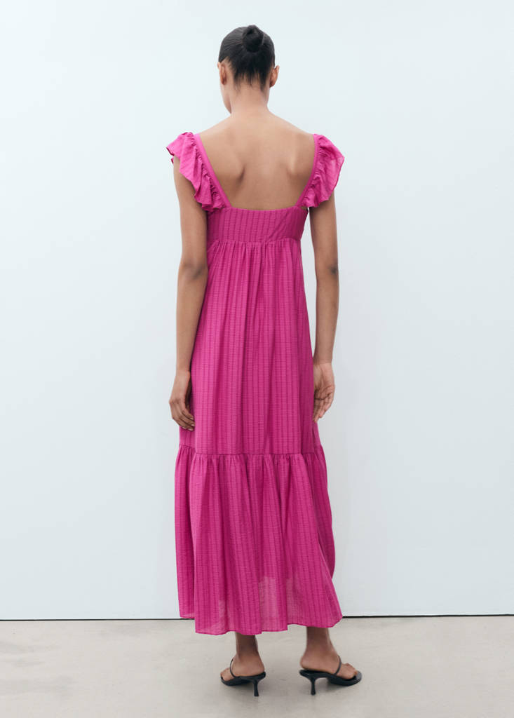 Long dress with ruffle neckline — Fuchsia
