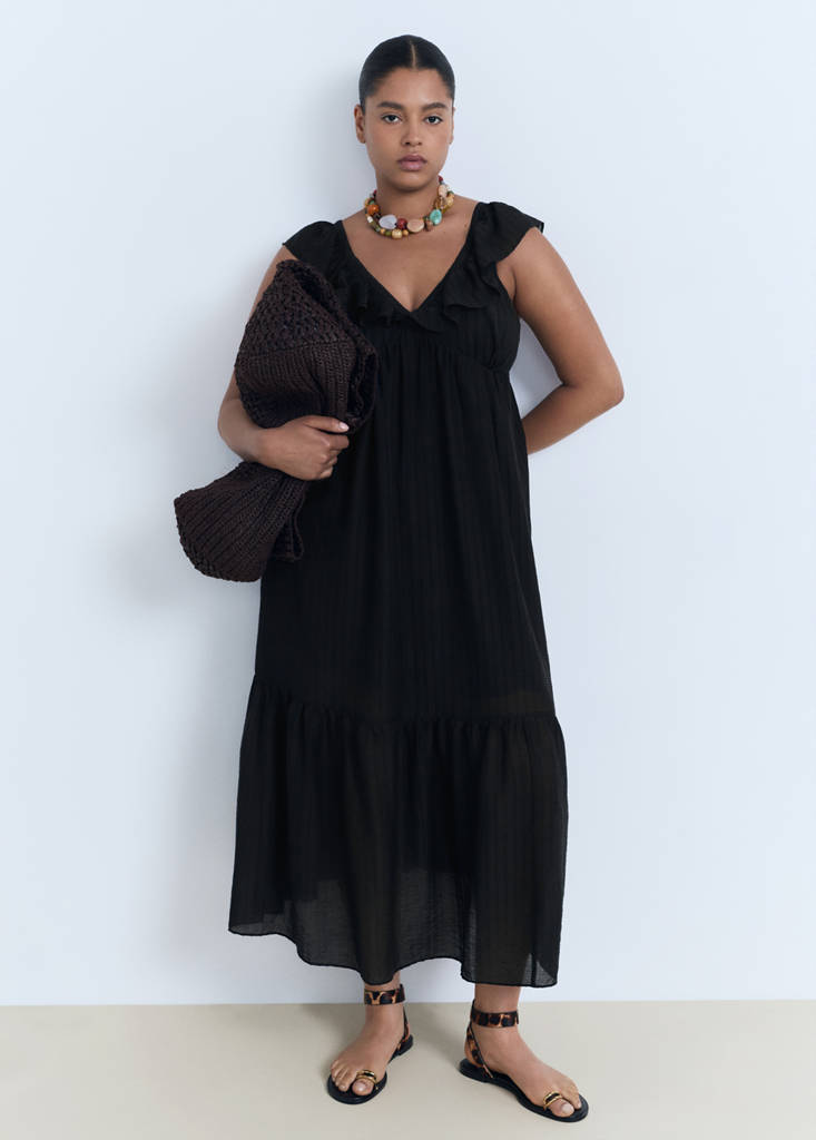 Long dress with ruffle neckline — Black
