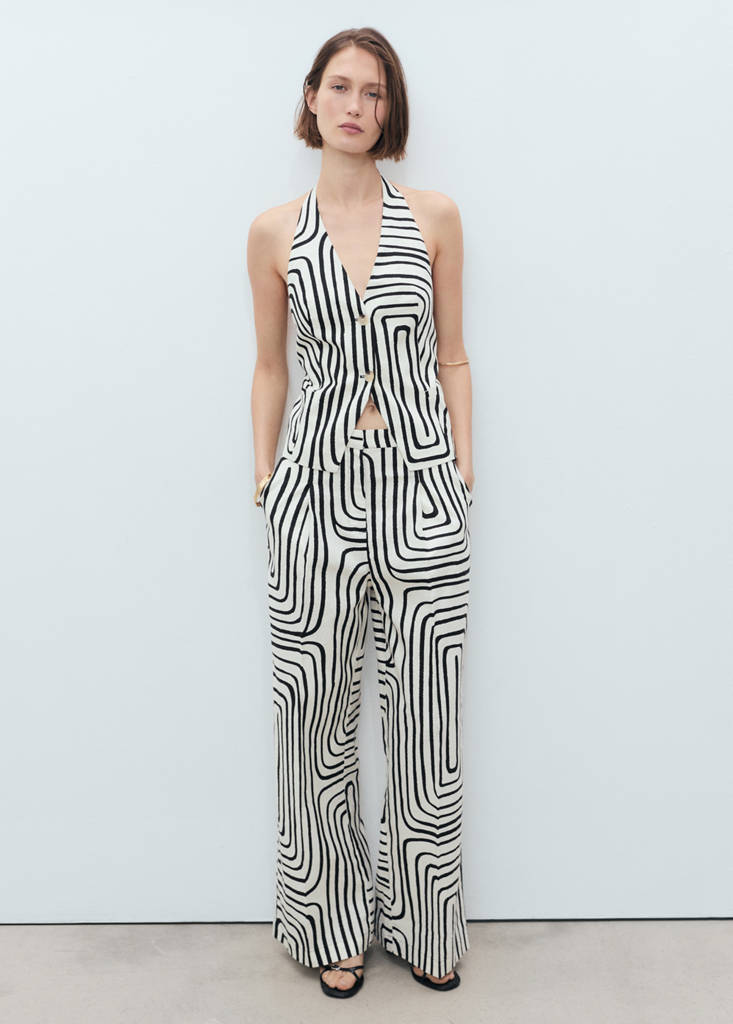 MANGO - Pantalon lin imprimé géométrique écru - 40