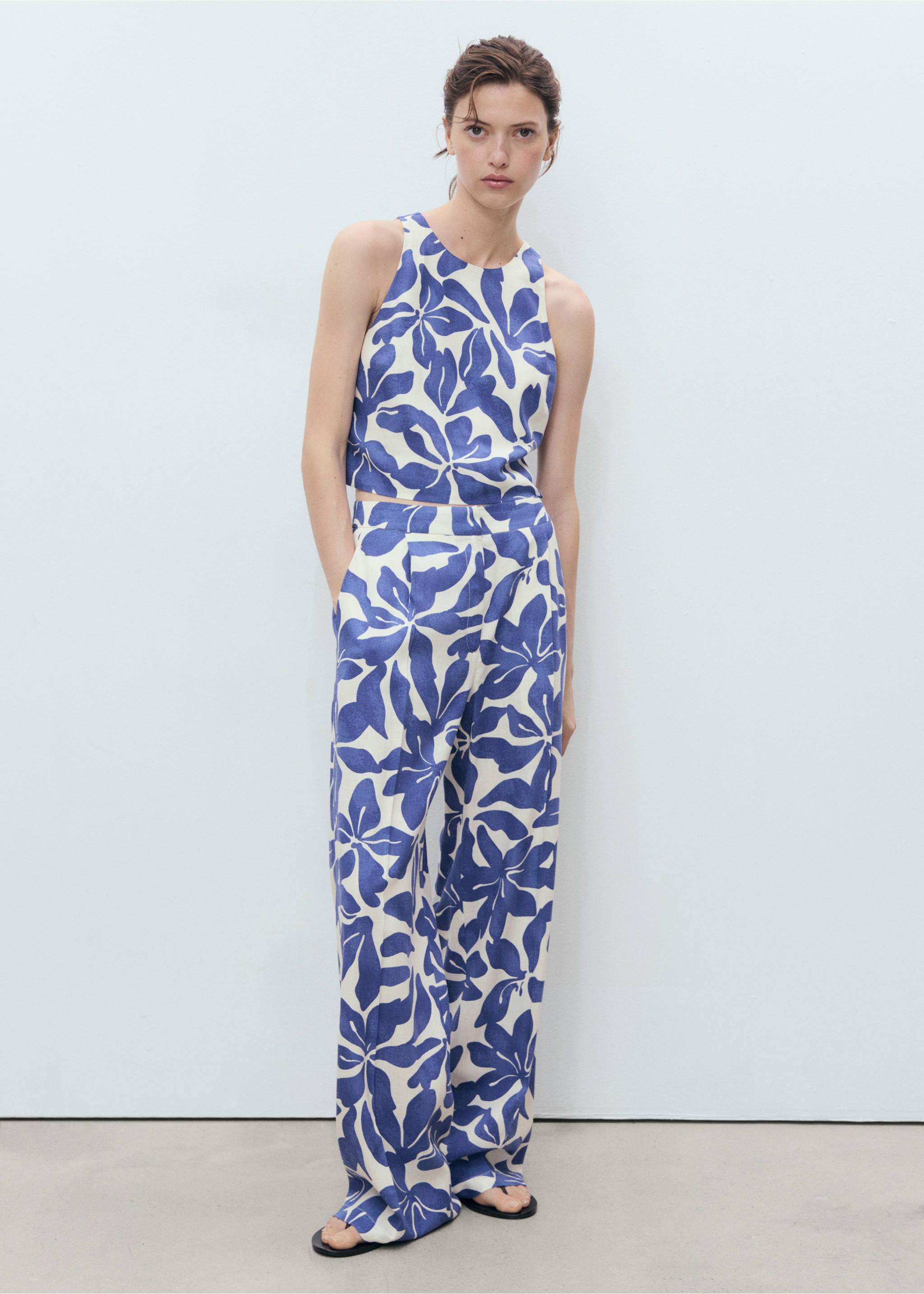 Top mezcla lino estampado - Plano general, Azul. Ref: 17061164-00.