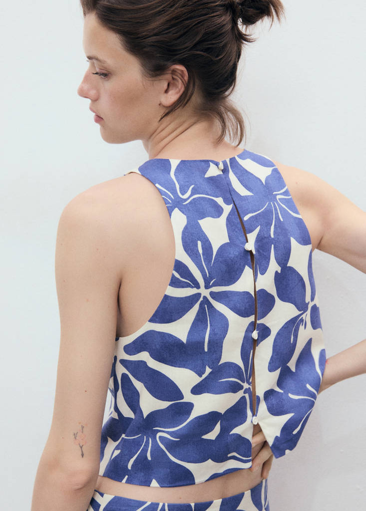 Printed linen-blend top — Blue