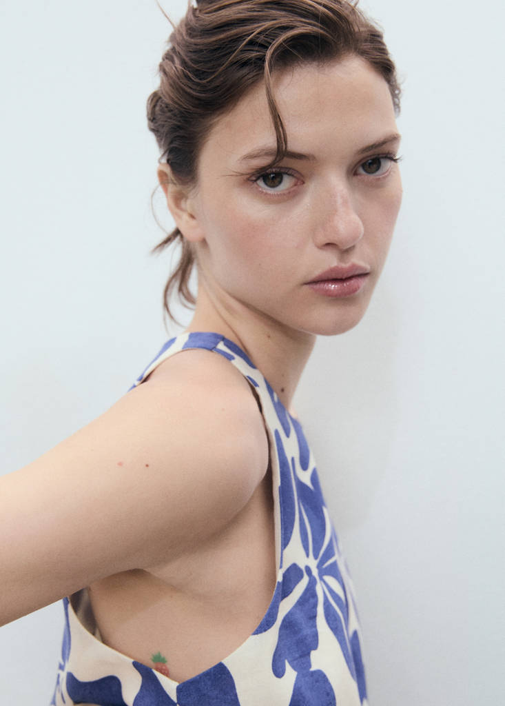 Printed linen-blend top — Blue