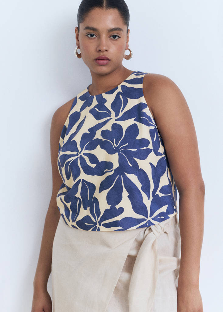 Printed linen-blend top — Blue
