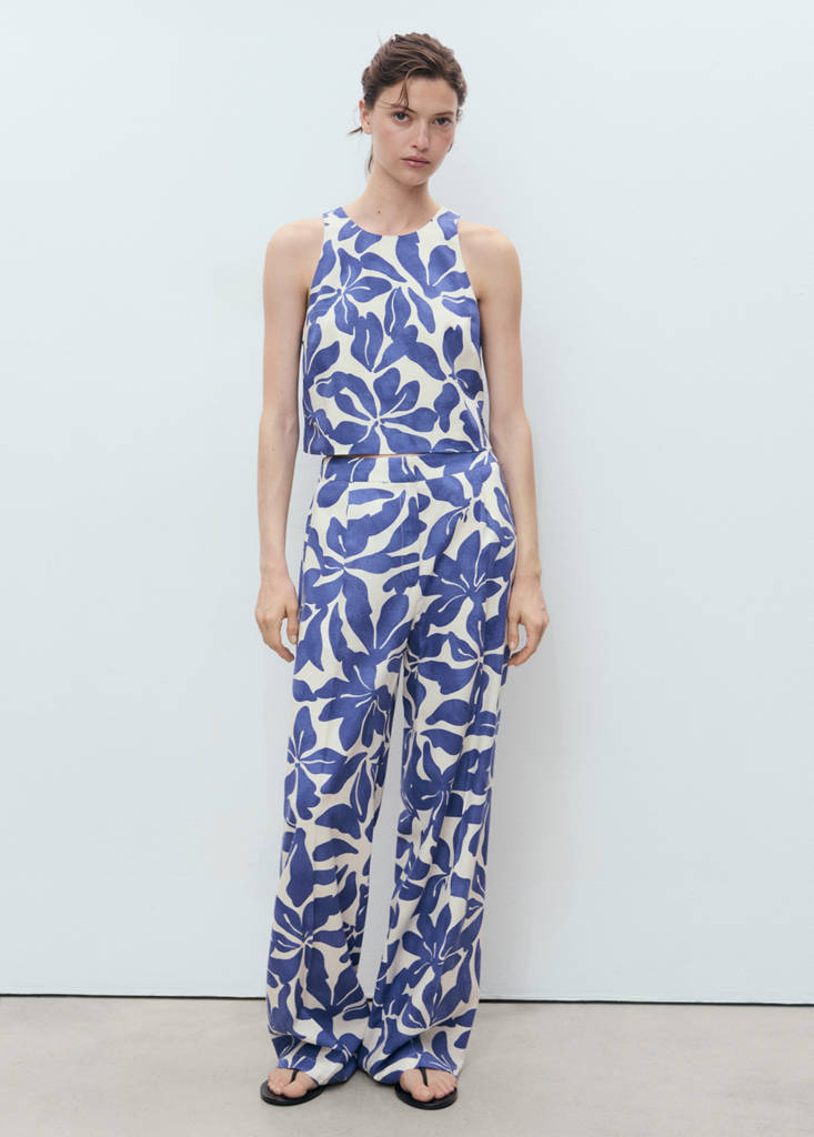Printed linen-blend trousers — Blue