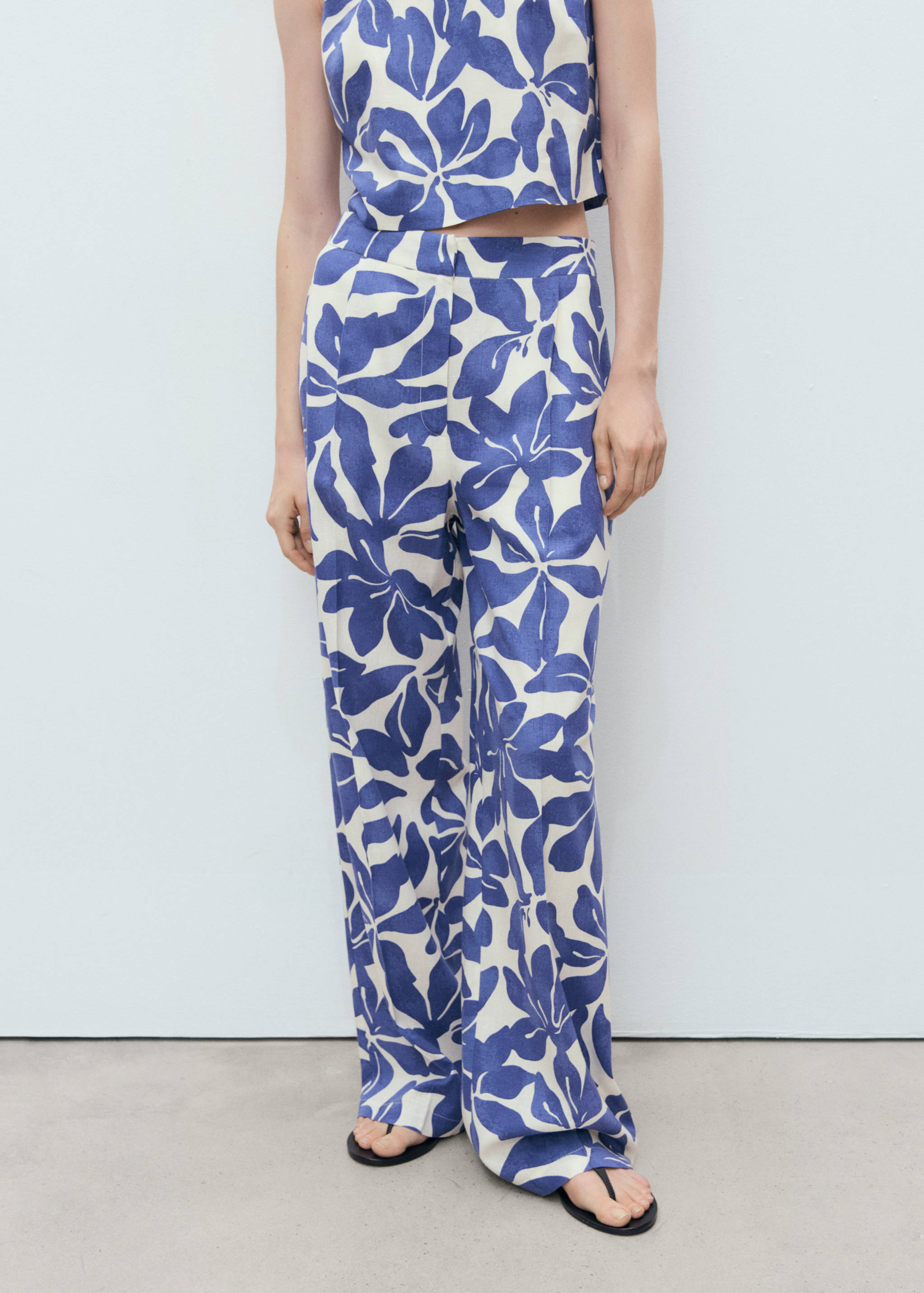 亚麻混纺印花长裤 - null