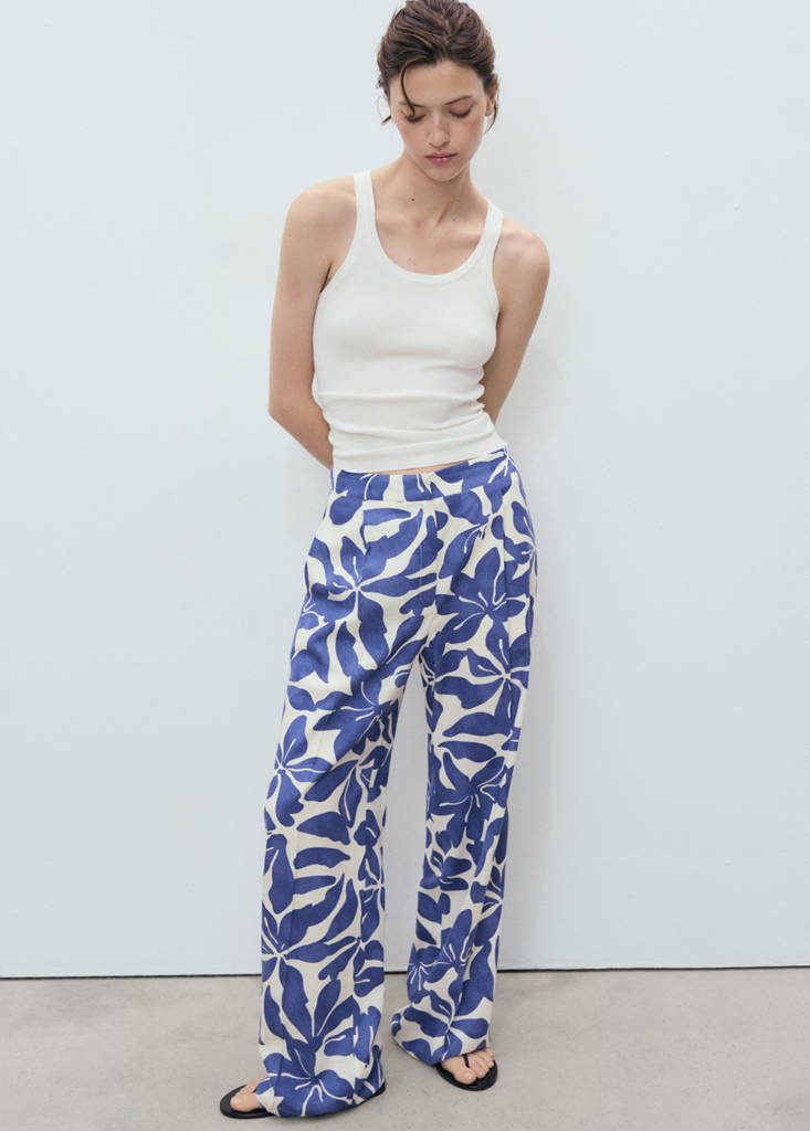 Printed linen-blend trousers — Blue