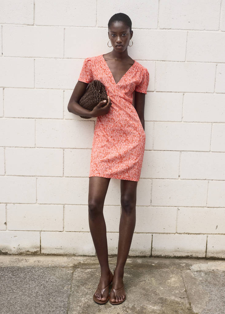 Printed V-neck dress — Coral Red