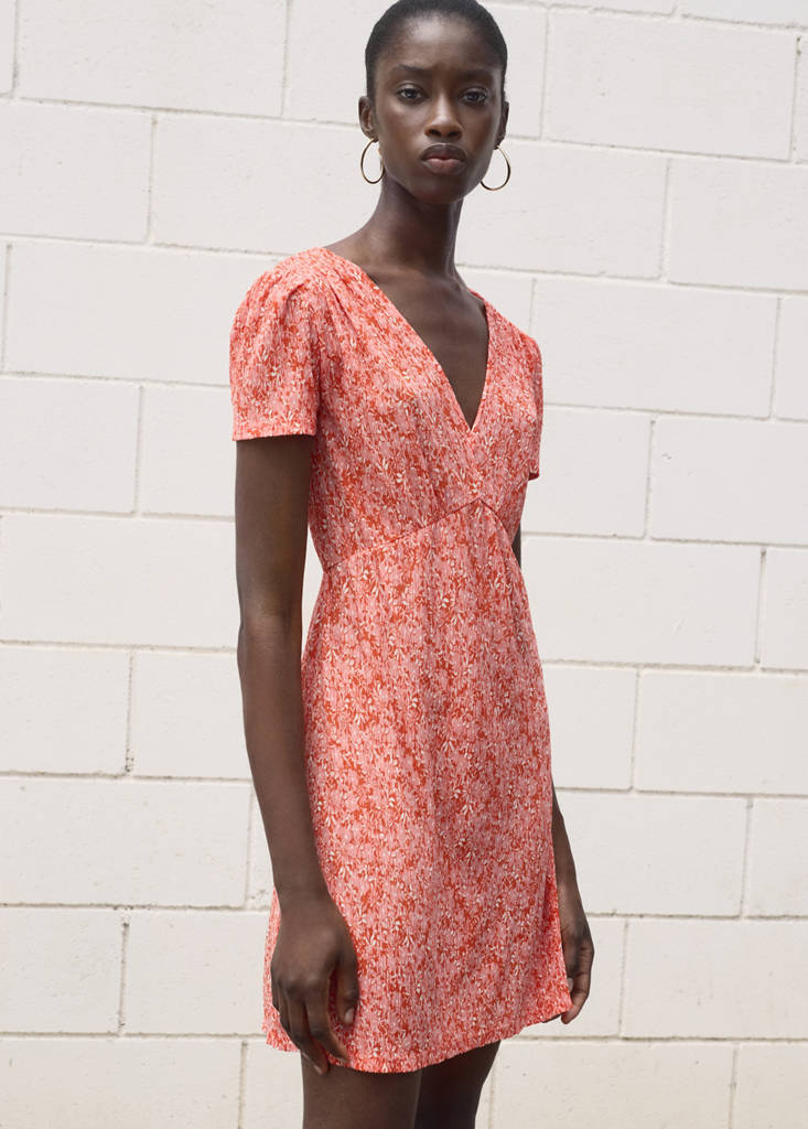 Printed V-neck dress — Coral Red