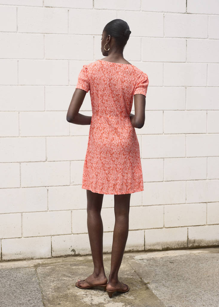 Printed V-neck dress — Coral Red