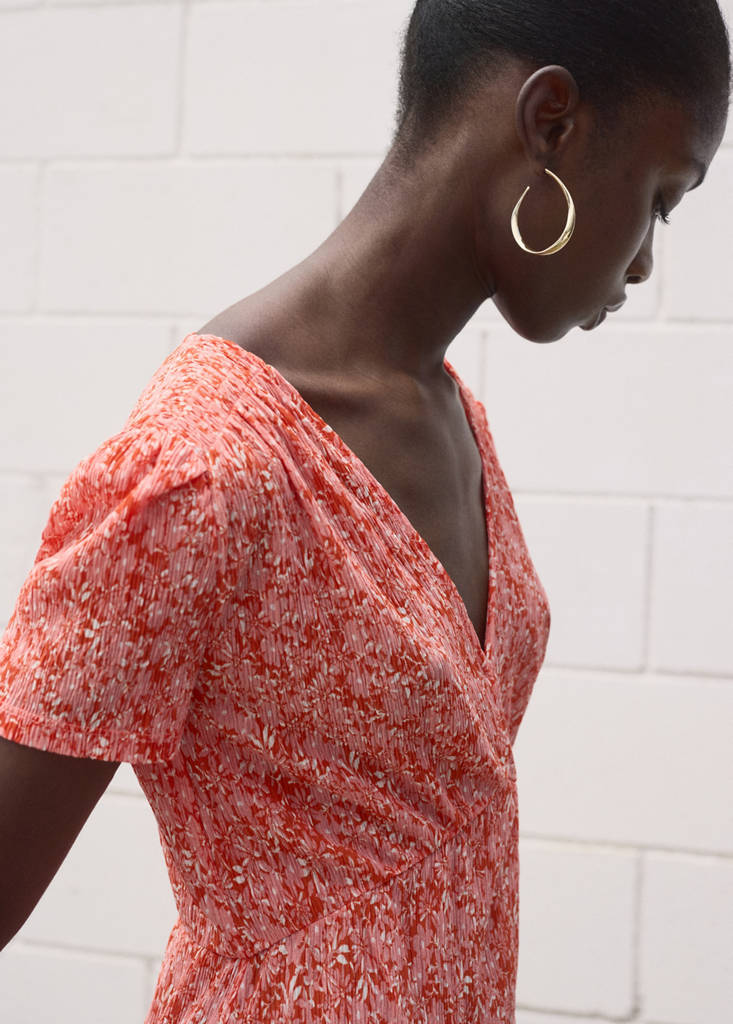Printed V-neck dress — Coral Red