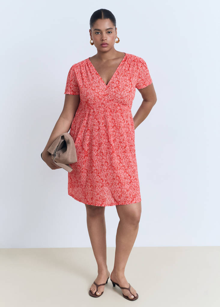 Printed V-neck dress — Coral Red