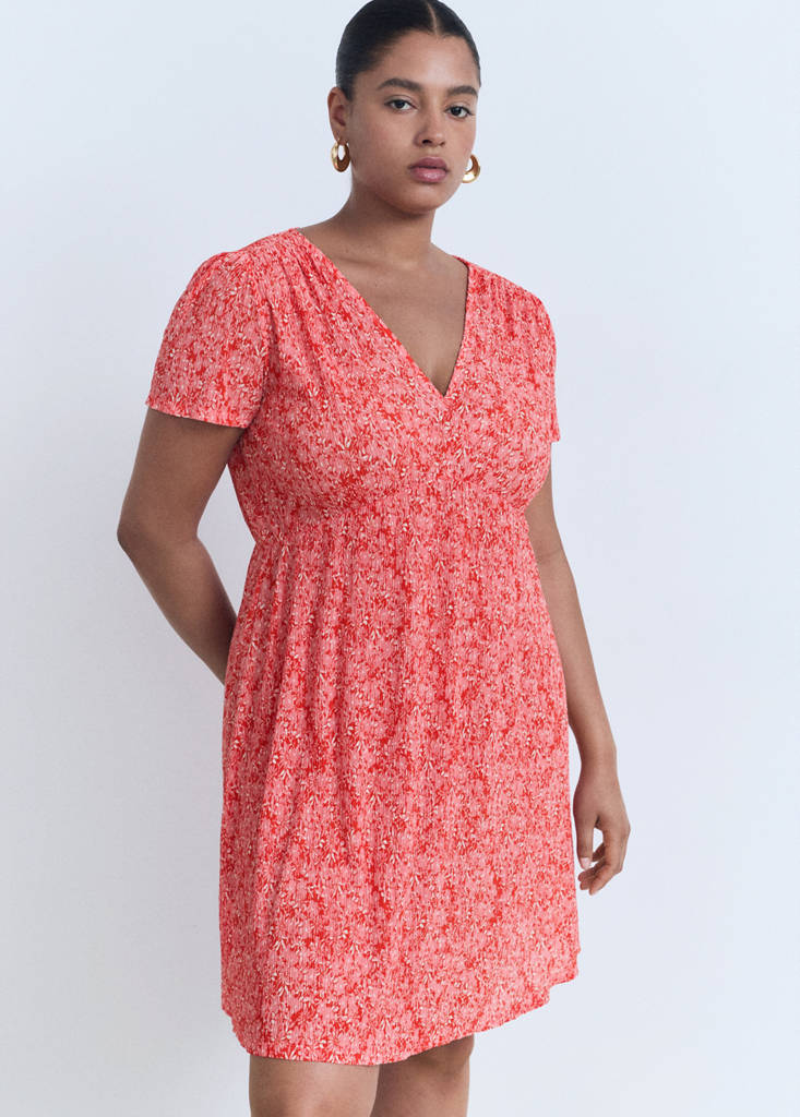 Printed V-neck dress — Coral Red