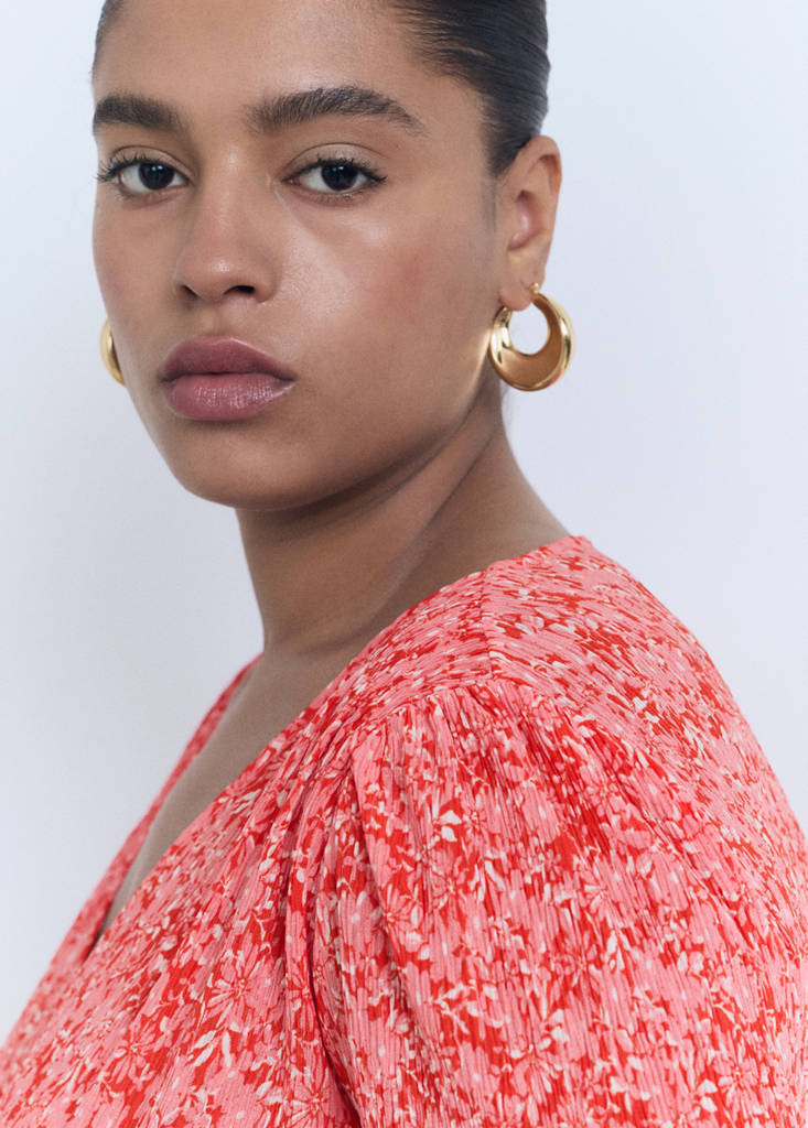 Printed V-neck dress — Coral Red