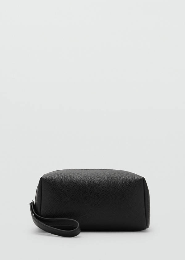 Contrast-strap pebbled cosmetic bag — Black