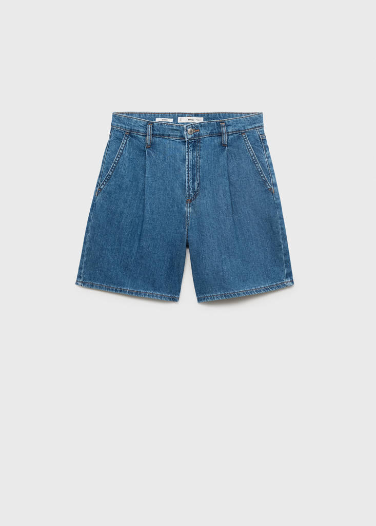 Mid-rise denim bermuda shorts with pleats — Medium Blue