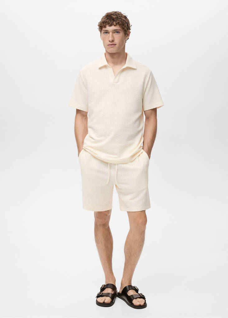 Seersucker cotton polo shirt — Ecru