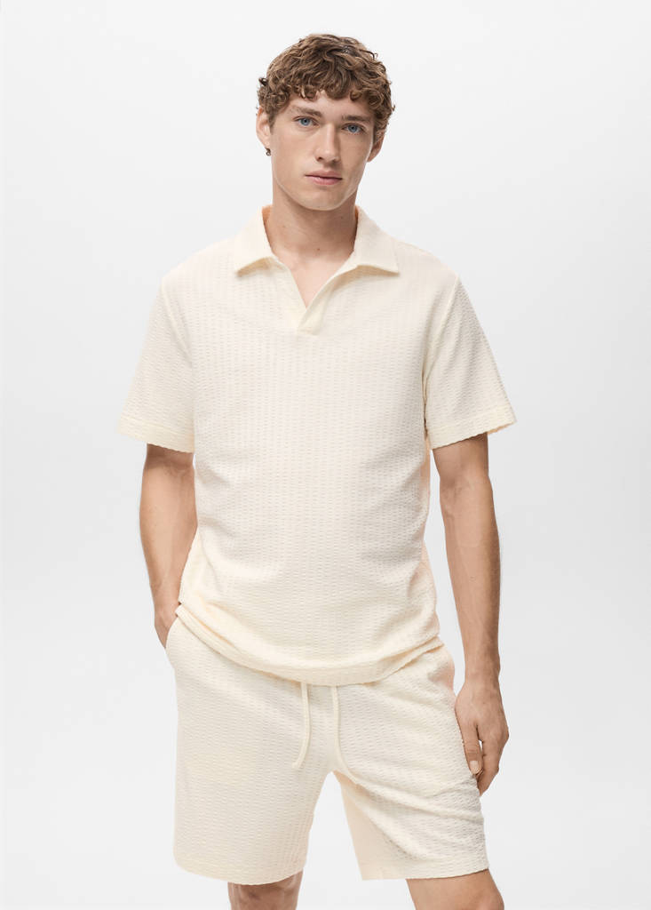Seersucker cotton polo shirt — Ecru