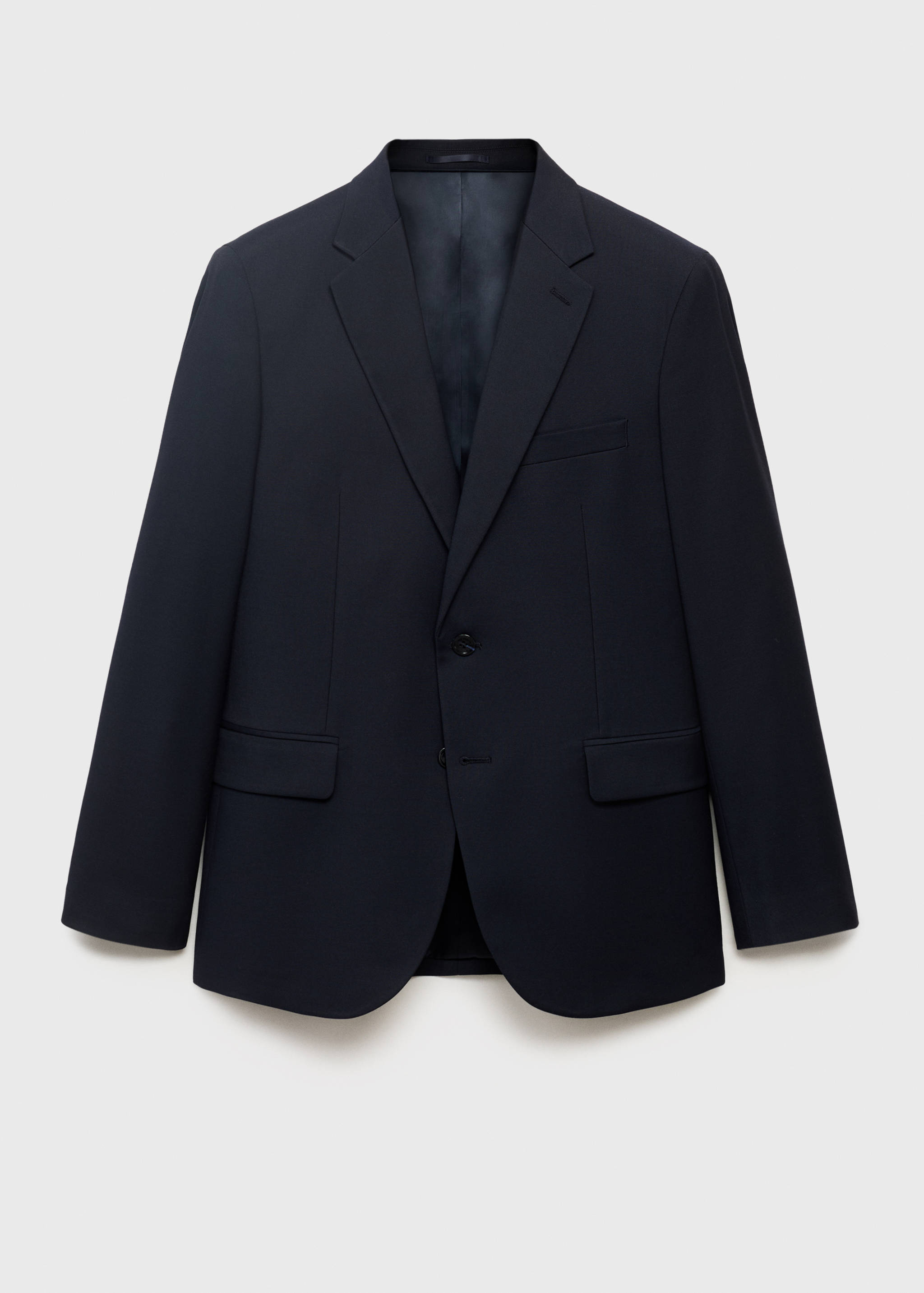 Navy blue single-breasted blazer with notched lapels and button closures.