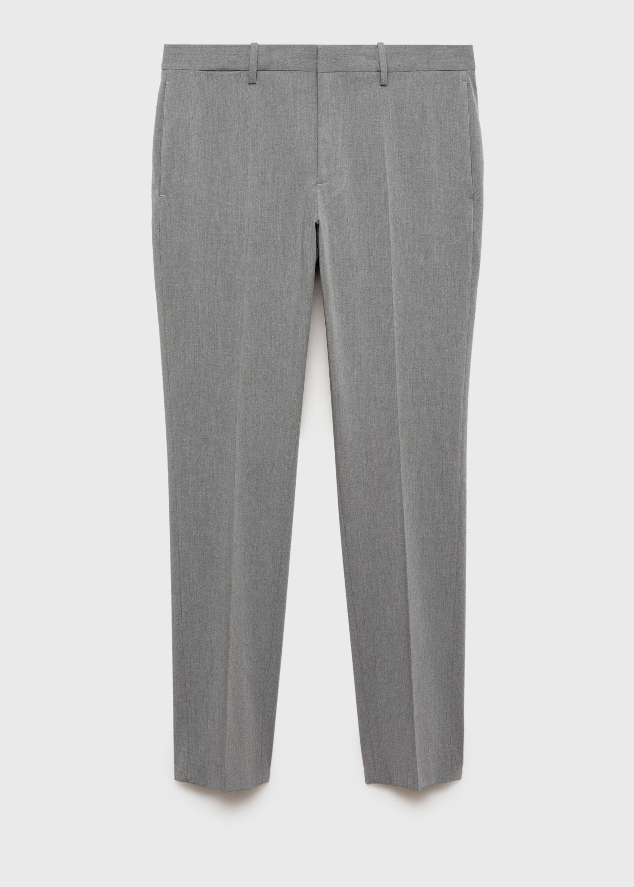 Grey tailored trousers with belt loops and front creases.
