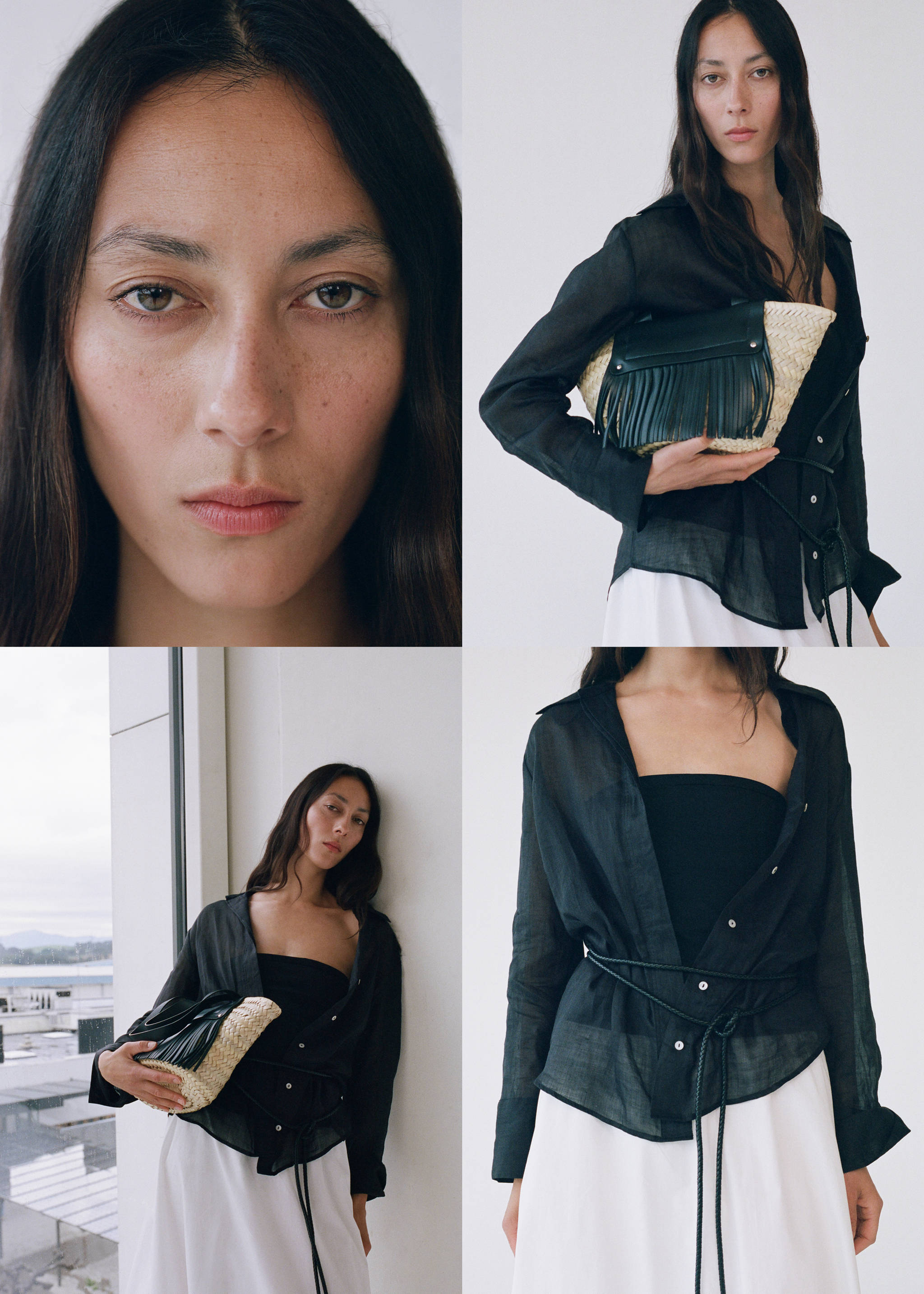 Small natural fiber basket with leather fringes - General plane