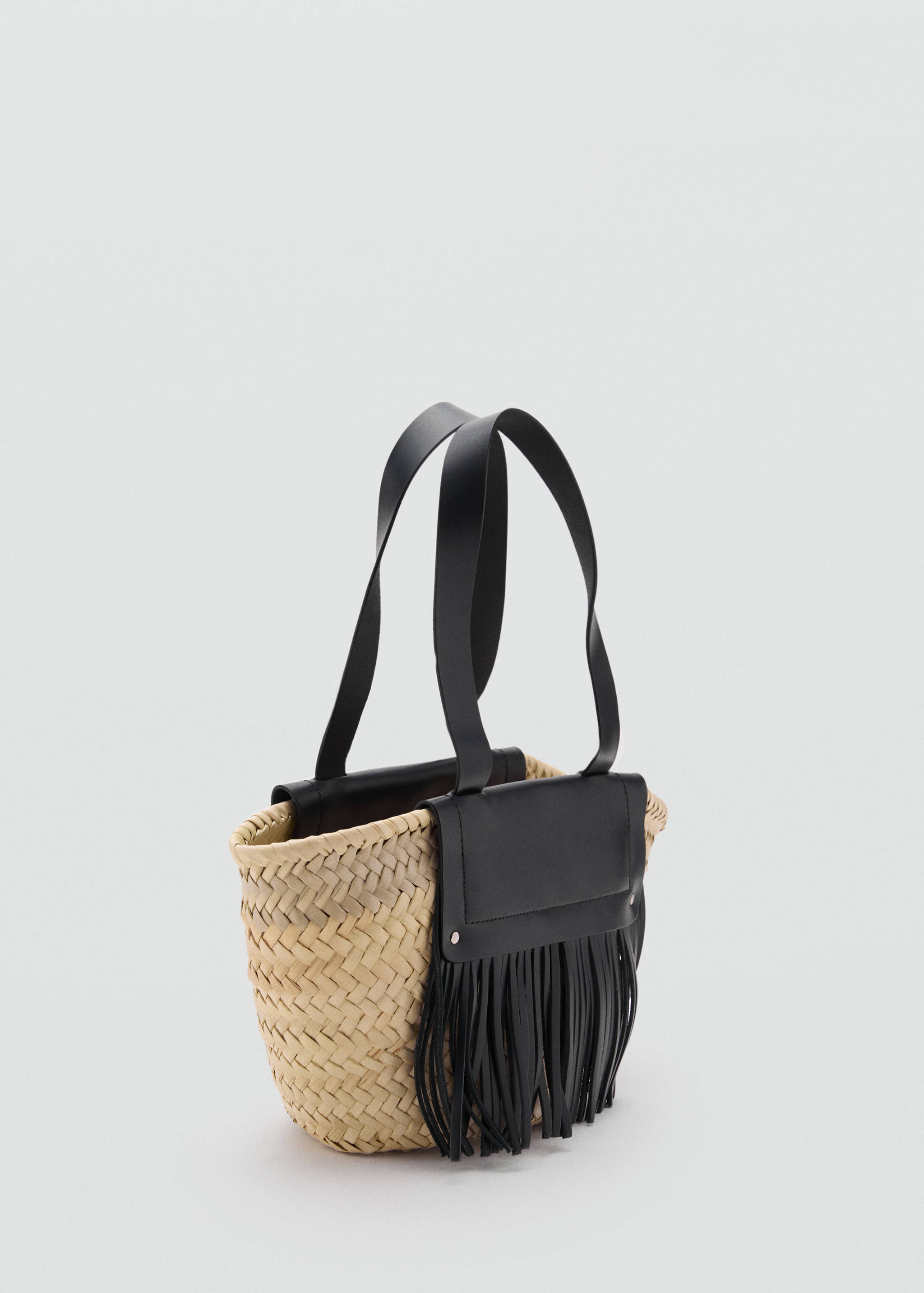 Small natural fiber basket with leather fringes - Medium plane