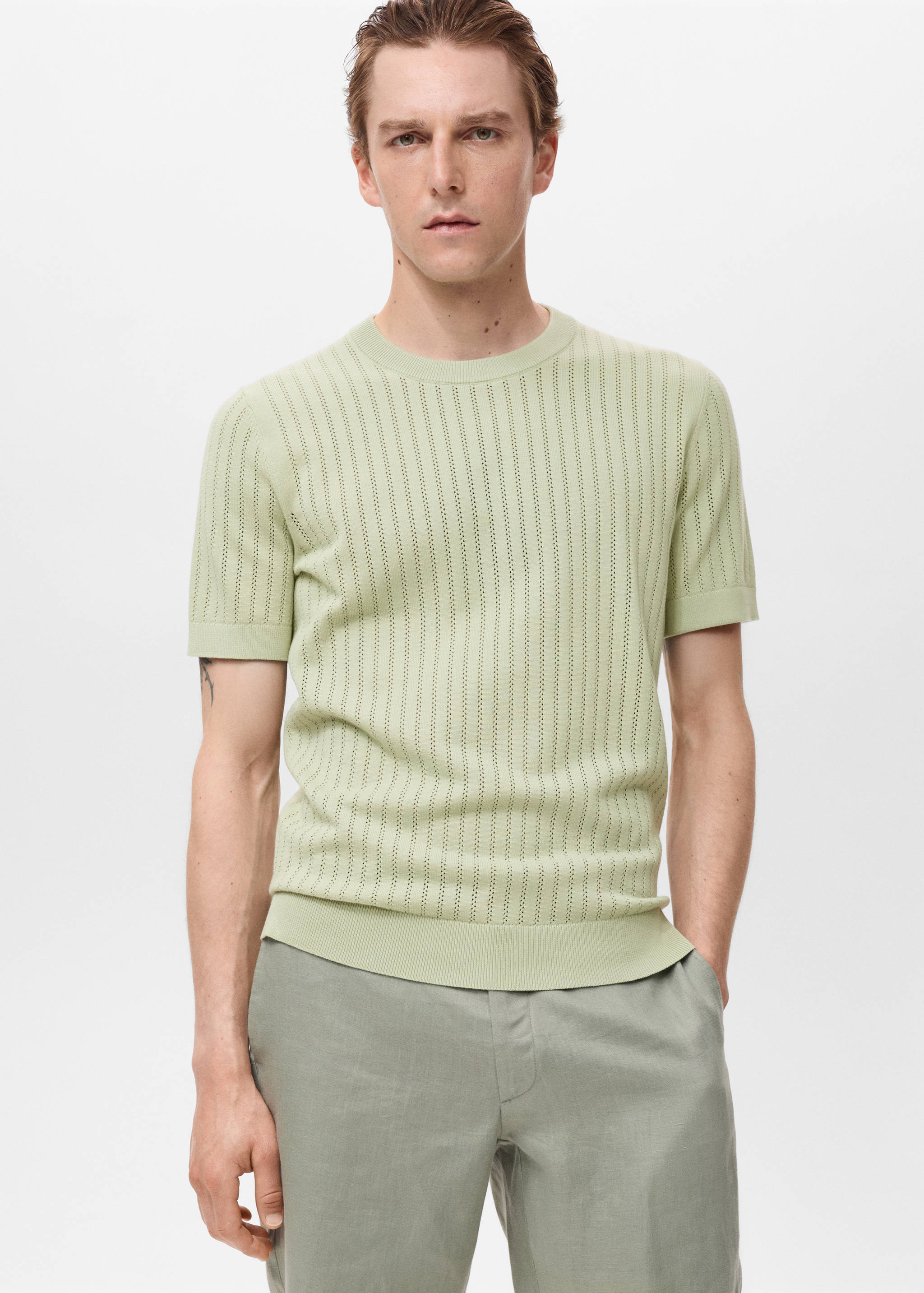 T-shirt coton ajouré rayures - Plan moyen