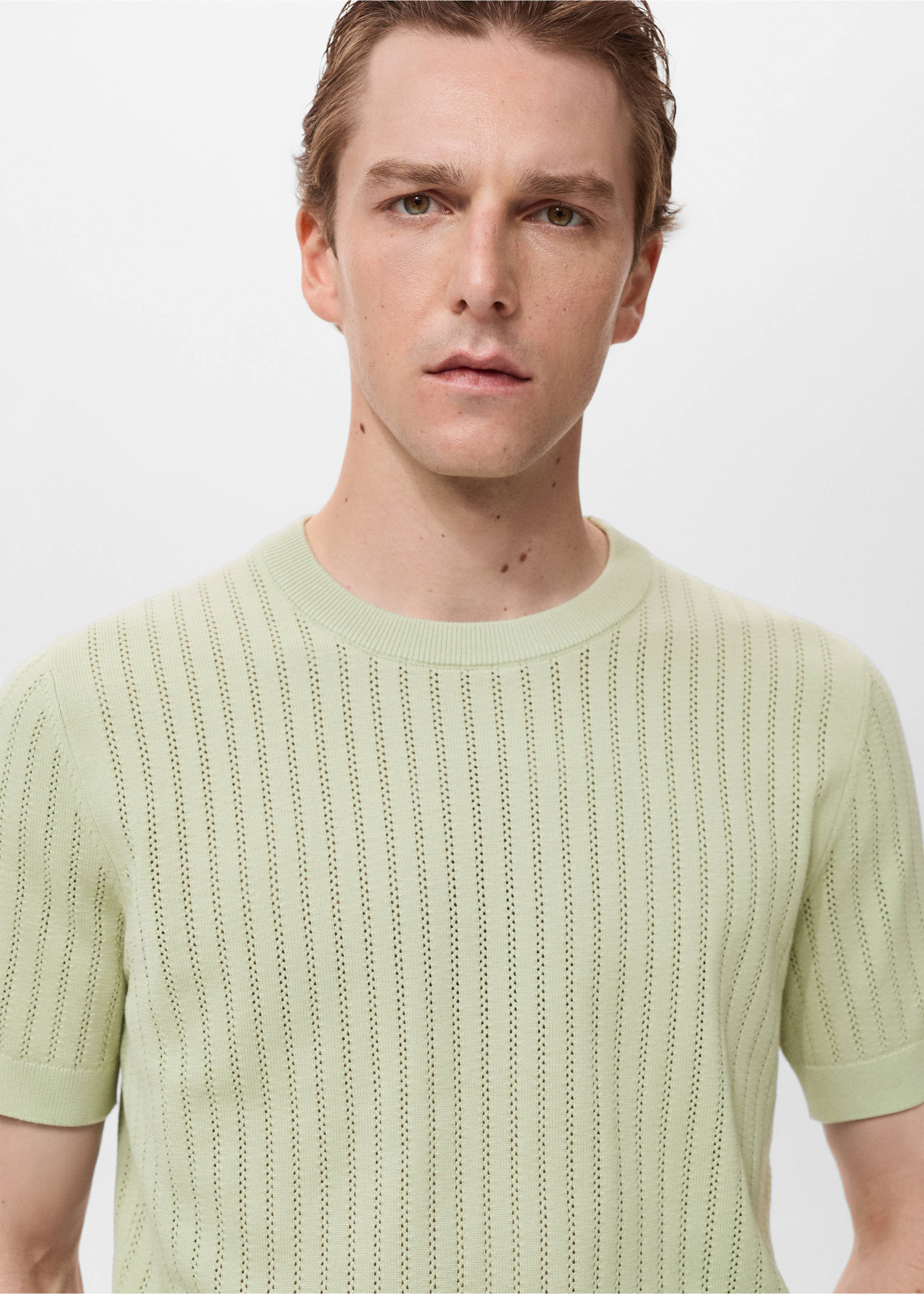 Striped openwork cotton t-shirt - Details of the article 1, Green Apple. Ref: 17061246-00.