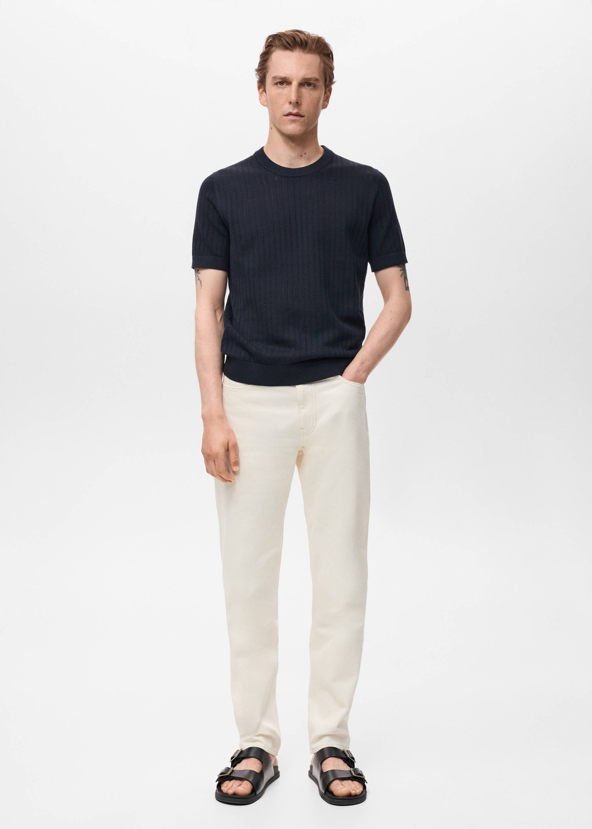 Striped openwork cotton t-shirt - General plane