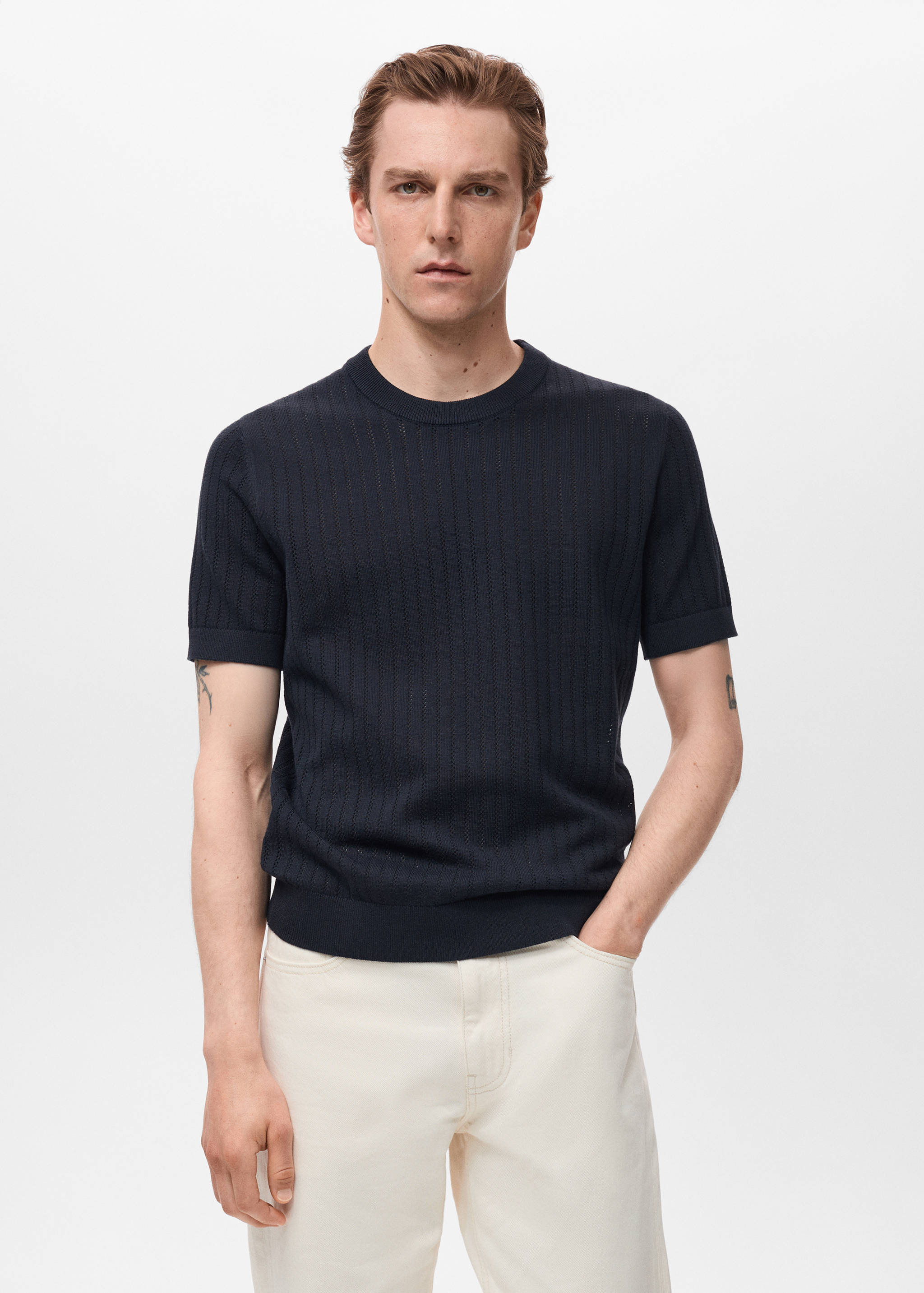 Striped openwork cotton t-shirt - Medium plane