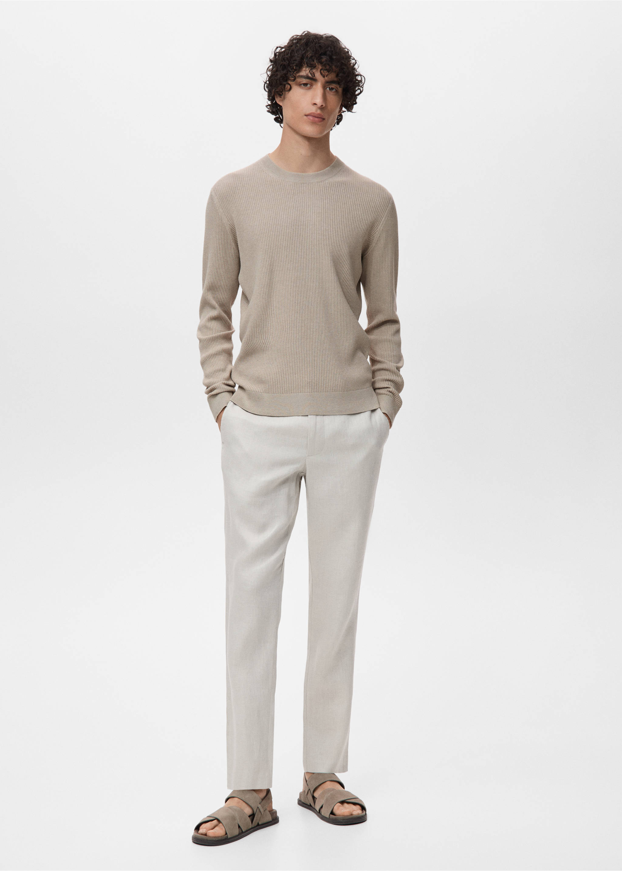 Jersey algodón punto fino canalé - Plano general, Beige. Ref: 17061248-00.