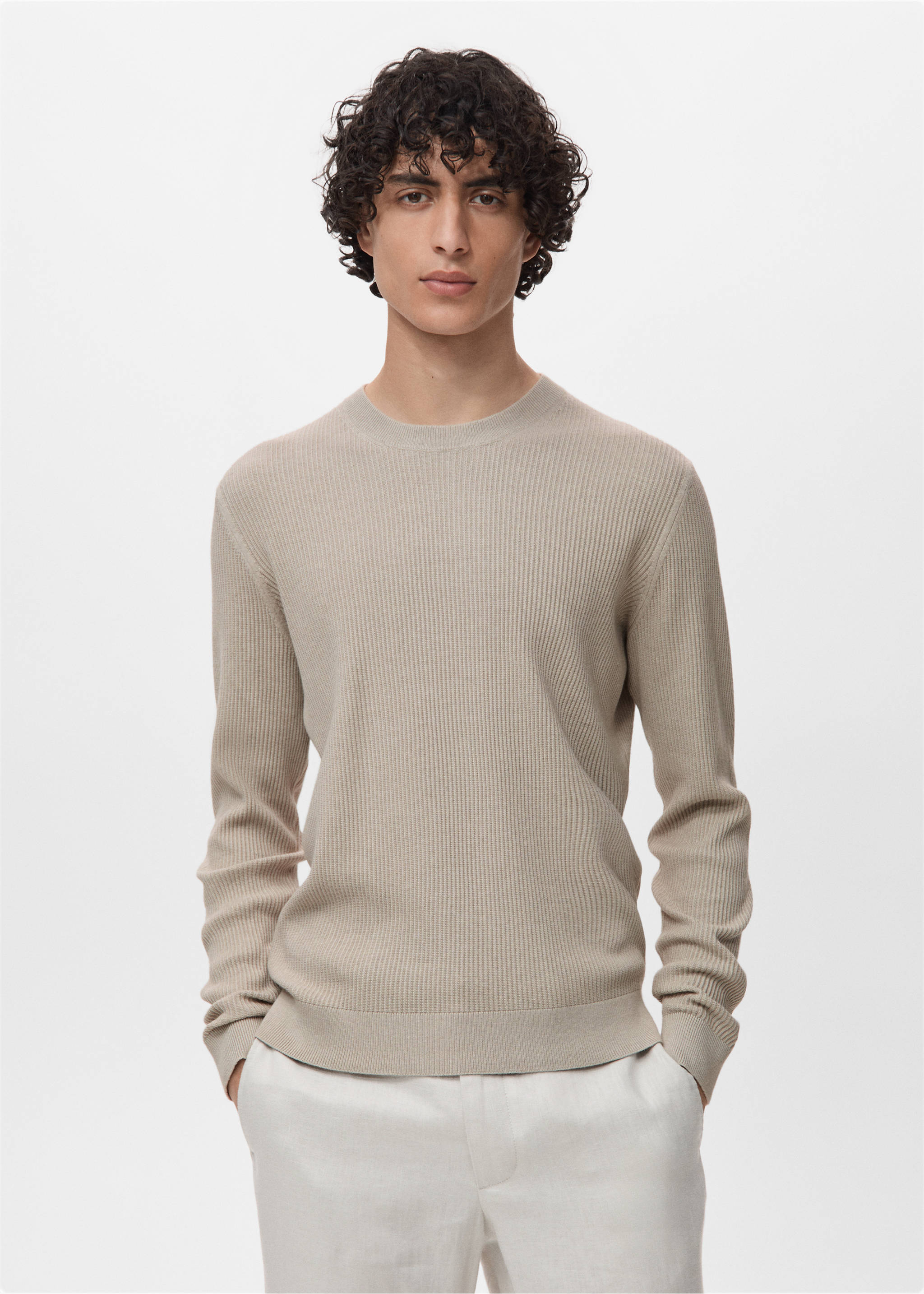 Jersey algodón punto fino canalé - Plano medio, Beige. Ref: 17061248-00.