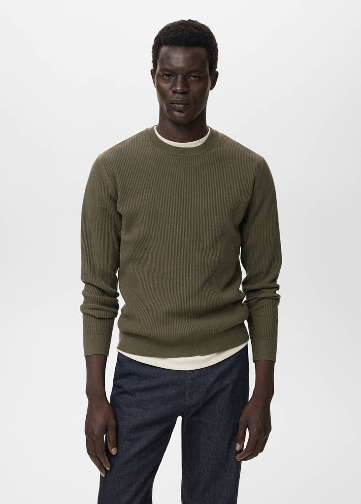 Fine rib-knit cotton sweater — Olive Green