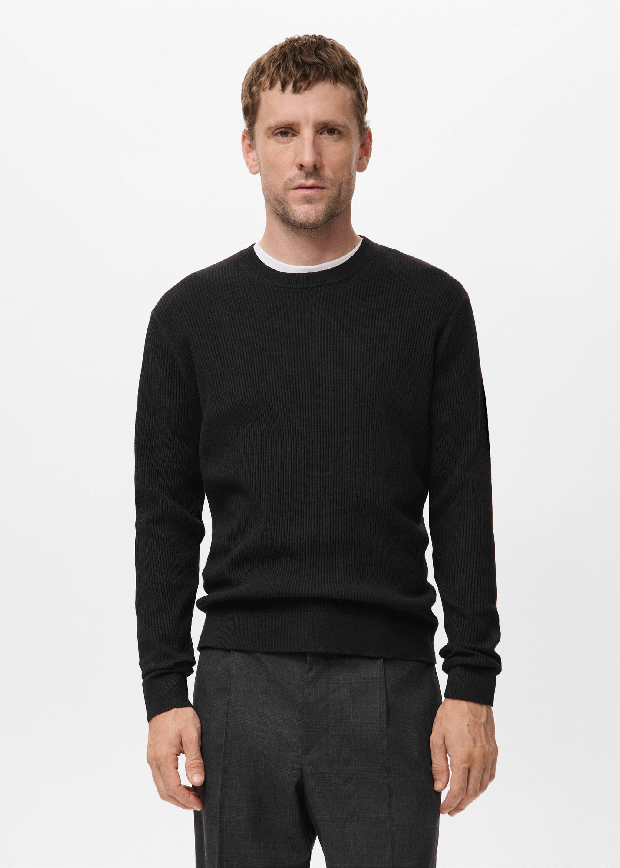 Jersey algodón punto fino canalé - Plano medio, Negro. Ref: 17061248-00.