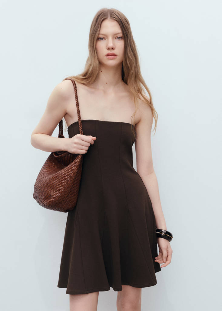 Strapless dress with pleats — Brown