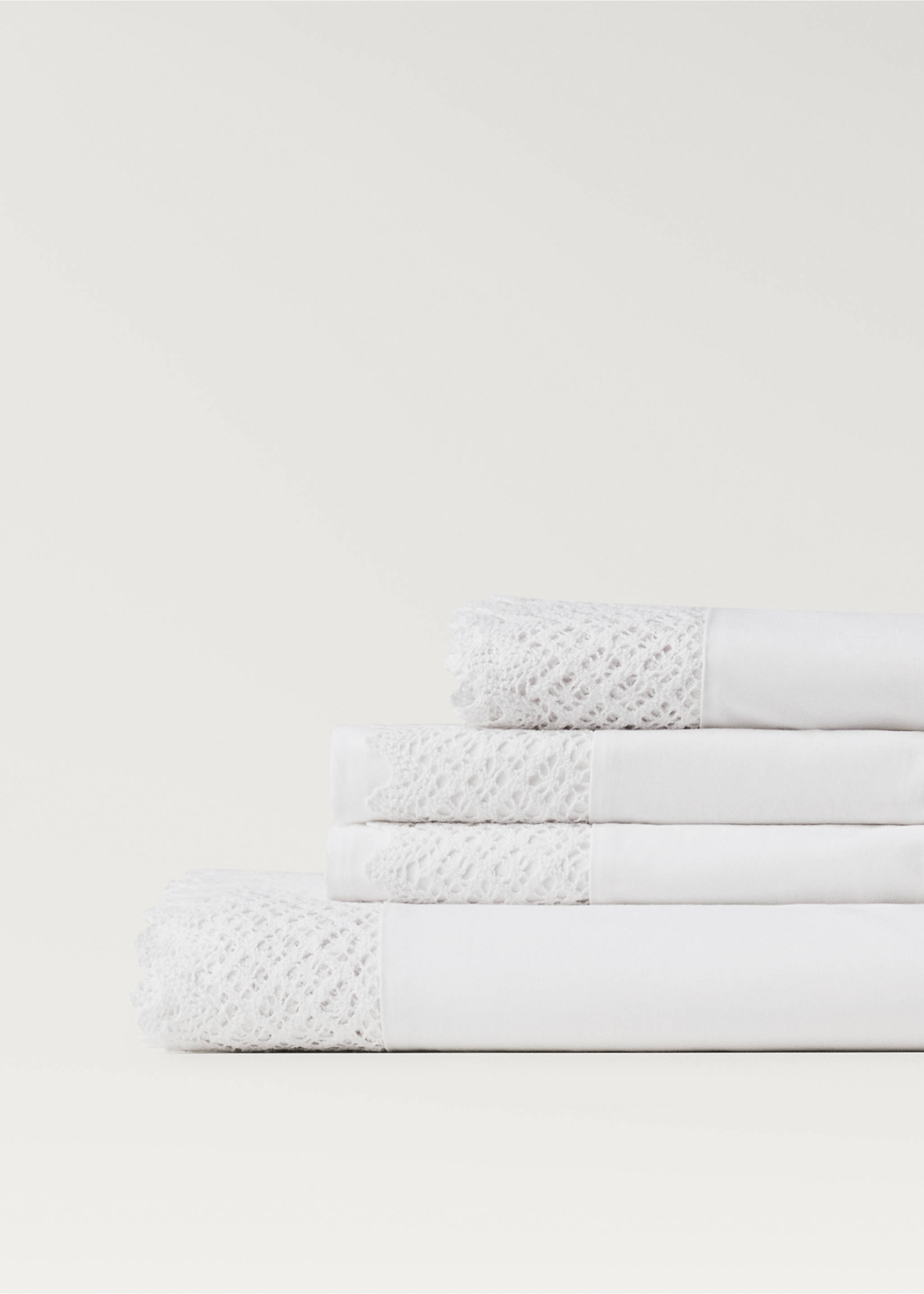 Percale cotton lace flat sheet Queen bed - Details of the article 1, White. Ref: 17061276-00.