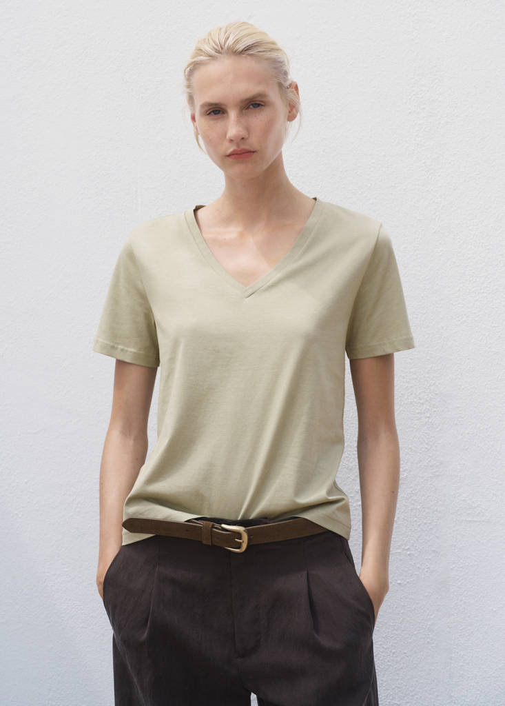 V-neck cotton T-shirt — Khaki