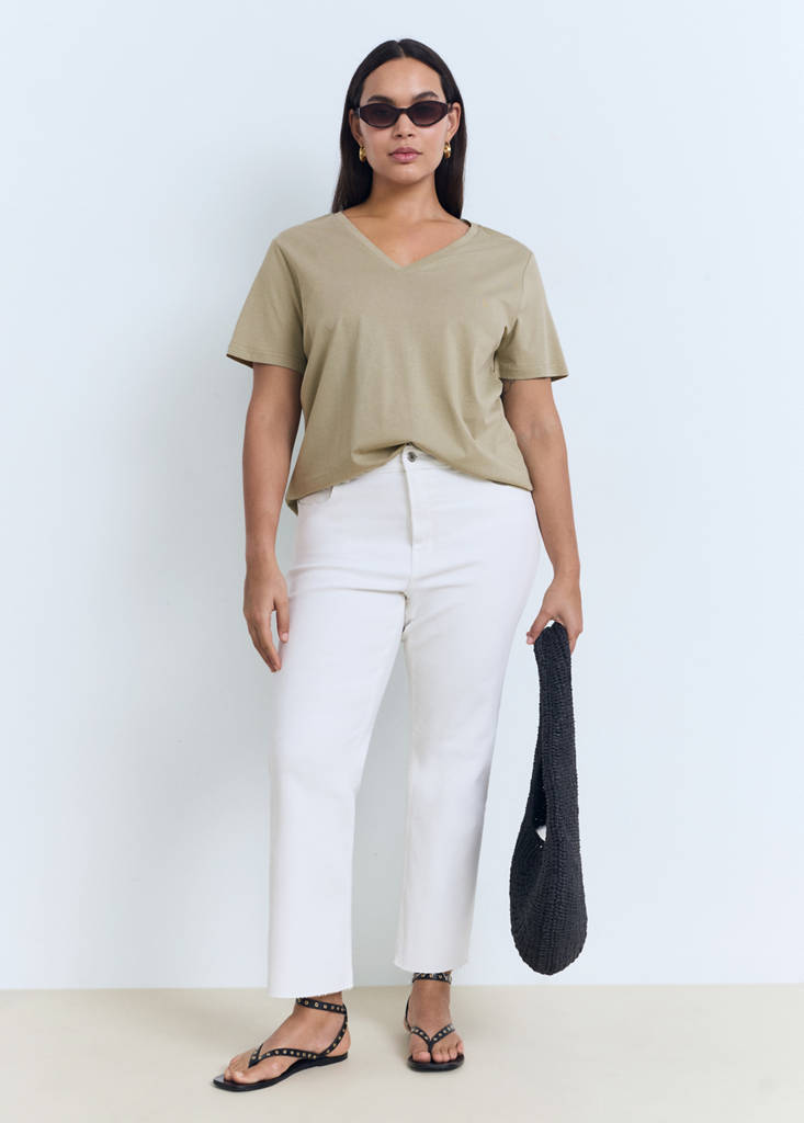 V-neck cotton T-shirt — Khaki