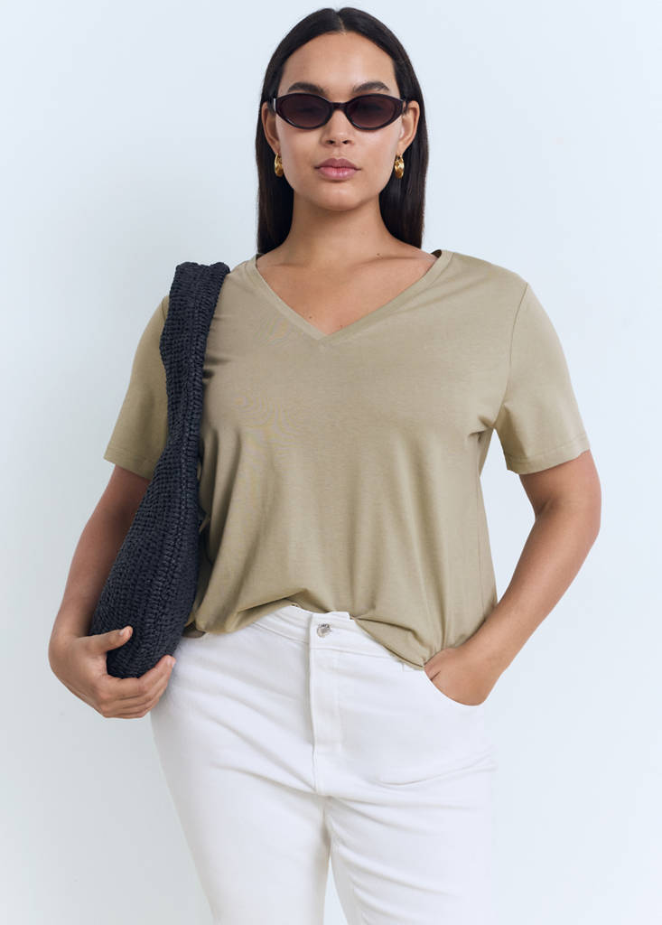 V-neck cotton T-shirt — Khaki