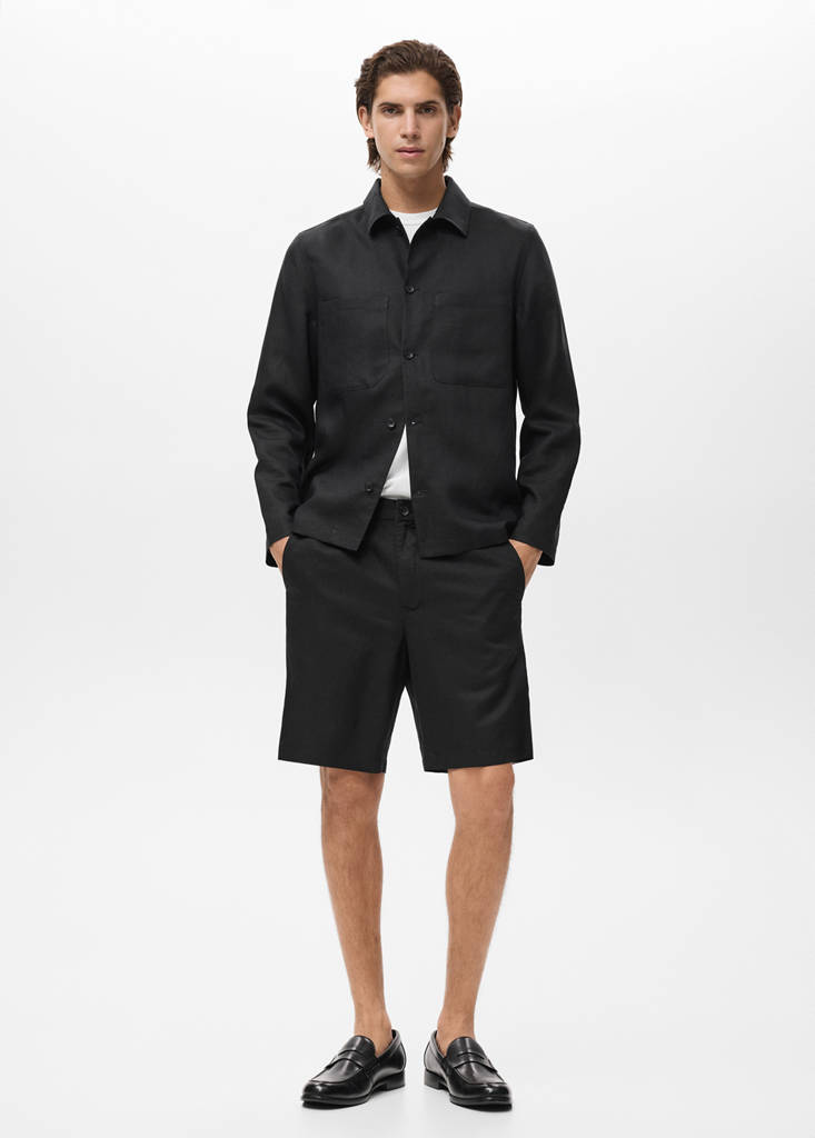 Linen-blend shorts with an elastic waistband — Black