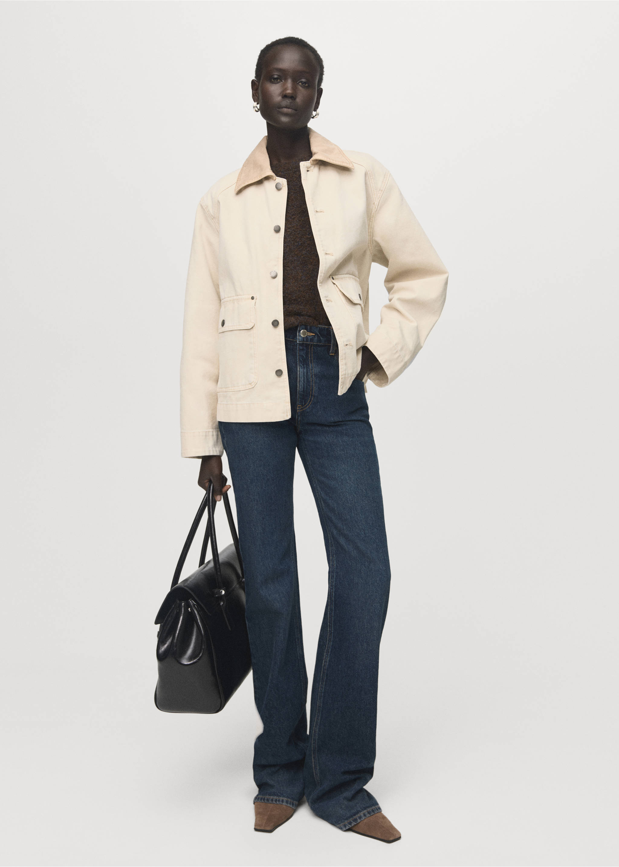对比色领口牛仔布派克大衣 - null, 米色. Ref: 17063319-00.